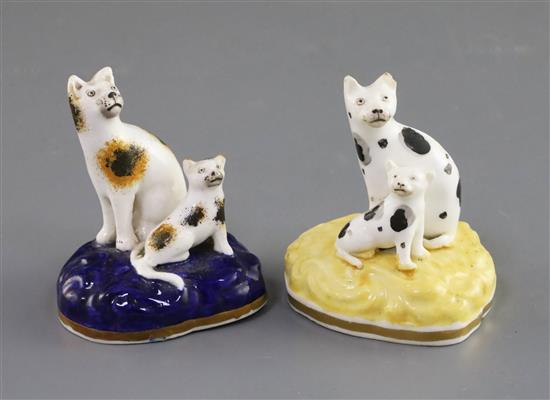 Two Samuel Alcock porcelain groups of a seated cat and kitten, c.1840-50, 6.7cm and 6.3cm, minor faults